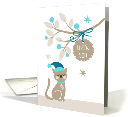 Thank You for Holiday Gift with Cat, Branch and Tag card (1412086)