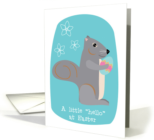 Easter Hello with Cute Squirrel Decorated Egg and Spring Flowers card