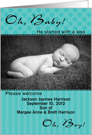 Baby Boy Birth Announcement Photo Card Bright Aqua Dots Stripes Fun card