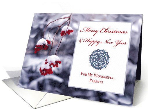 Parents Christmas with Red Berries in Snow and Filigree Snowflake card