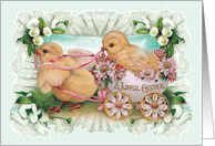 Sweet Easter Chick Pulling Chick in Egg Cart with Pink Daisies and Lace Vintage Art card