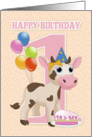 1st Birthday Card With Little Cow Cake And Balloons card