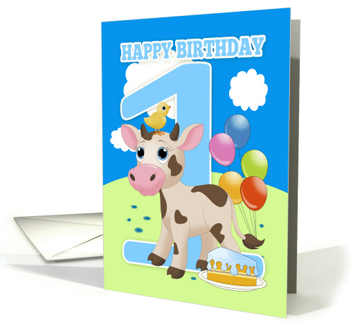 1st Birthday Card With Little Cow Cake And Balloons card (1280622)
