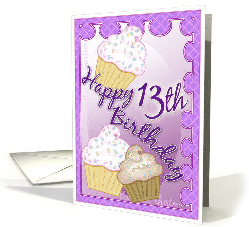 Happy 13th Birthday with Yummy Cupcakes and Purple Design card