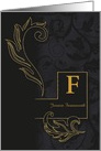 Letter F Monogrammed Black Damask with Golden Accents Blank card