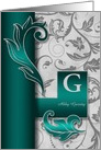 Monogrammed G Custom Silver Damask with Teal Blank card