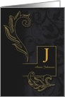Letter J Monogrammed Black Damask with Golden Accents Blank card