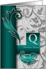 Monogrammed Q Custom Silver Damask with Teal Blank card