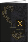 Letter X Monogrammed Black Damask with Golden Accents Blank card