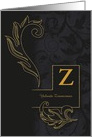 Letter Z Monogrammed Black Damask with Golden Accents Blank card