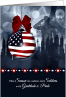 Military Christmas American Flag with Soldier and Skyline card