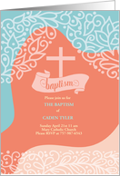 Baptism Invitation Orange and Blue Swirls with Cross card