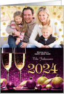 Happy New Year 2024 Purple and Gold Champagne Custom Photo card