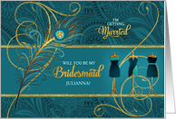 Bridesmaid Request in Peacock Teal and Gold with Name card