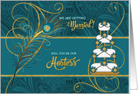 Will You Be Our Hostess? Peacock in Teal and Gold card