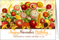November Birthday Chrysanthemums with Autumn Leaves card