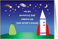 Announcing Driver’s License, alien, rocket ship card