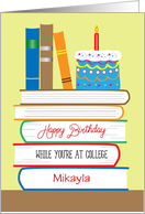 Custom Name Birthday, Away at College, books, cake card