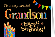 Grandson’s Birthday Colourful Candles and Bunting on Black card