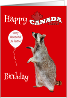 Birthday On Canada Day To Life Partner, Raccoon with balloon, leaf card