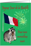 Bastille Day to Husband, French, raccoon wearing beret with fireworks card