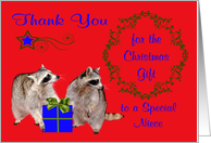 Thank You for the Christmas Gift to Niece, cute raccoons with present card