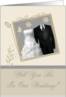 Will You Be In Our Wedding, Tuxedo and wedding gown in silver frame card