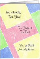 Cute Baby Gender Reveal Party Invitations Baby Footprints On Quilt card
