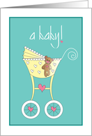 Hand Lettered New Baby with Yellow Stroller and Teddy Bear card