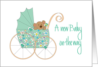 New Baby on the Way, Bear in Mint Green Floral Stroller card