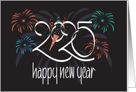 Hand Lettered Happy New Year 2024 Bursting Fireworks and Party Blower card