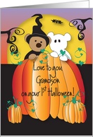First Halloween for Grandson, Pumpkin Peeking Halloween Bears card