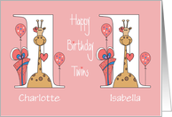 First Birthday for Twins, Two Girls with Giraffes, Balloons & Gifts card