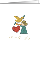 Dove, Heart and Angel. Peace, love and joy Christmas card