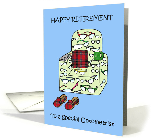 Optometrist Happy Retirement Glasses Pattern Cartoon Armchair card