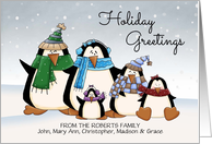 Custom Name Holiday Greetings colorful penguin family card
