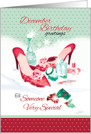 December Birthday. Red Ladies Shoes with Perfume in the Snow. card