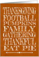 White Words on an Orange Background Noting Thanksgiving Terms card