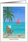 Beach and Sailing Birthday card with beach chair and gentle waves card