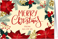 Merry Christmas, Holly, Berries, Poinsettia, Faux Gold, From All Of Us card