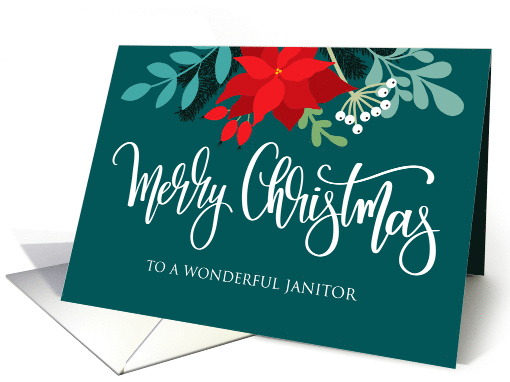 Janitor Merry Christmas Poinsettia Rose Hip and Hand Lettering card