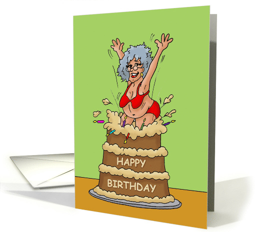 Getting Older Birthday Card With An Old Woman Jumping Out Of Cake card