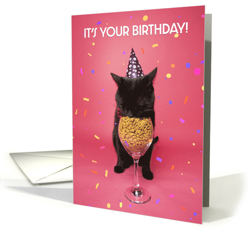 Happy Birthday For Anyone Party Cat Eating From Wine Glass Humor card
